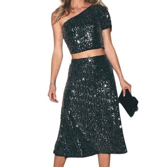 Lulu’s black sequin midi skirt Women’s XS NEW - Picture 3 of 10